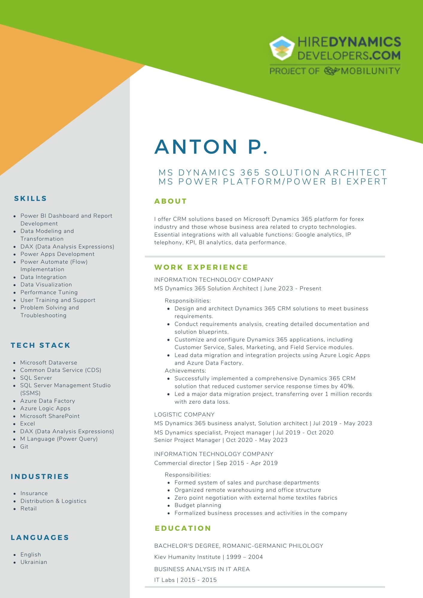 D365 CE Solution Architect, Power Platform/BI Expert
