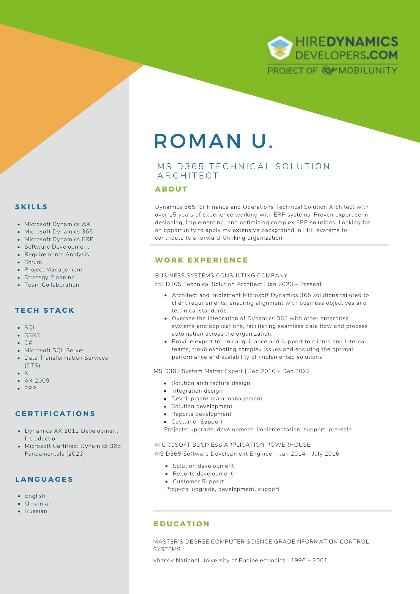 Roman U. – MS D365 Technical Solution Architect