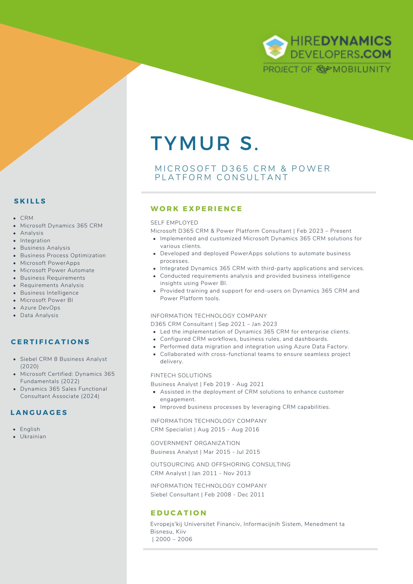 Tymur S Microsoft D365 CRM & Power Platform Consultant