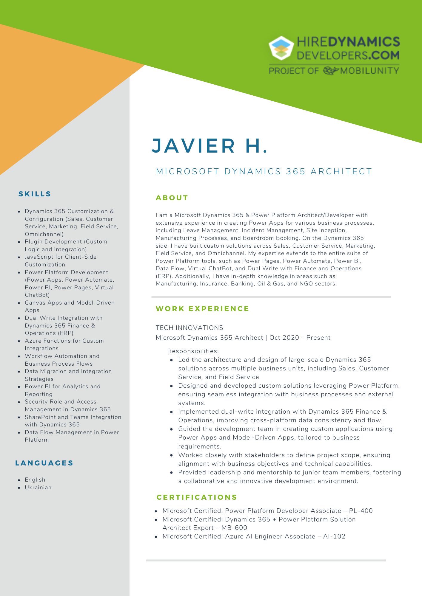 Javier H Microsoft Dynamics 365 Architect