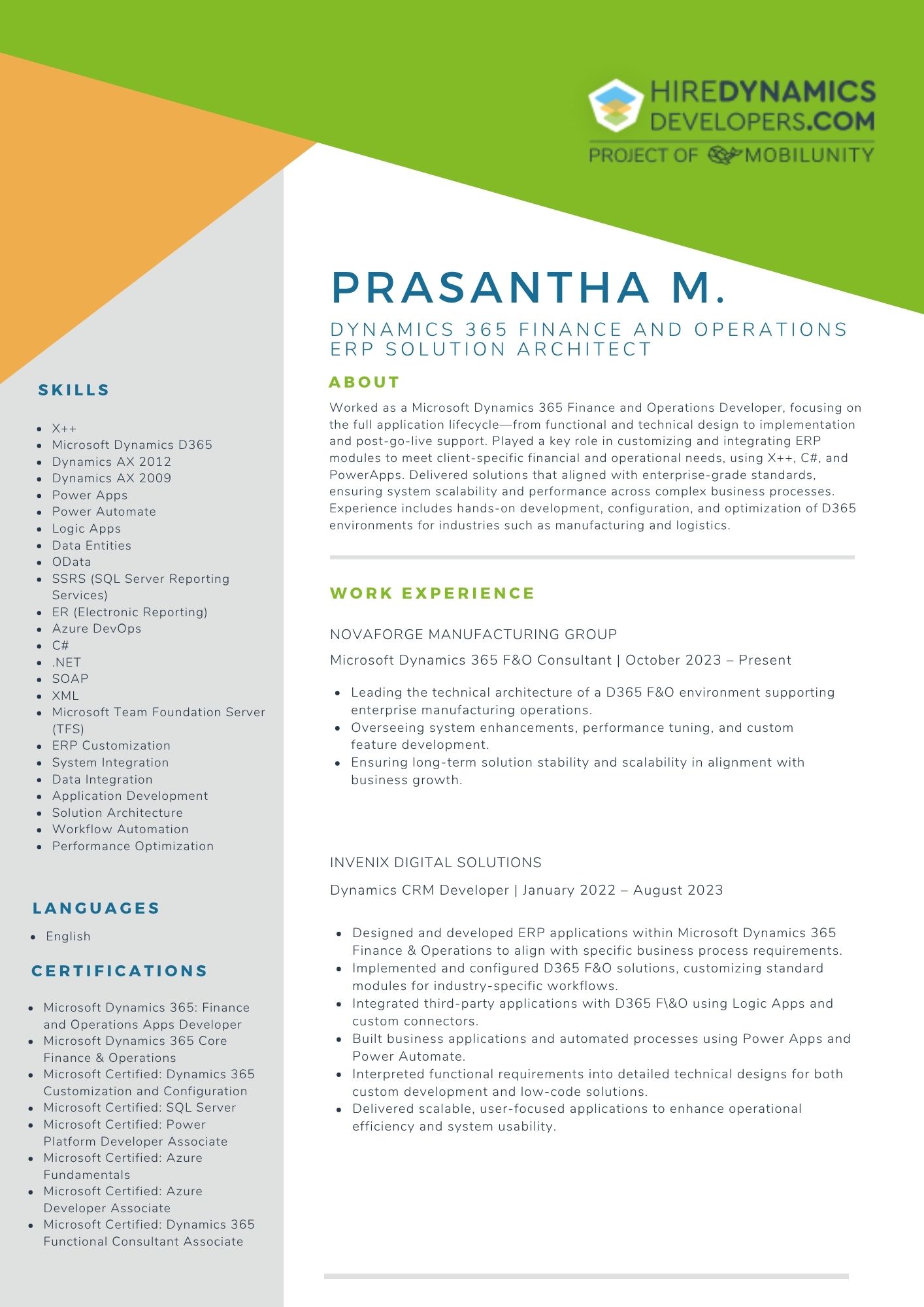 Prasantha M – Dynamics 365 Finance and Operations ERP Solution Architect